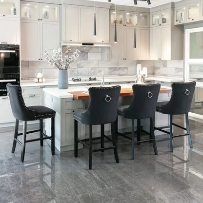 Moderne Samt Barhocker 2er Set mit Nietendekor – Elegante Tresenstühle aus Massivholz