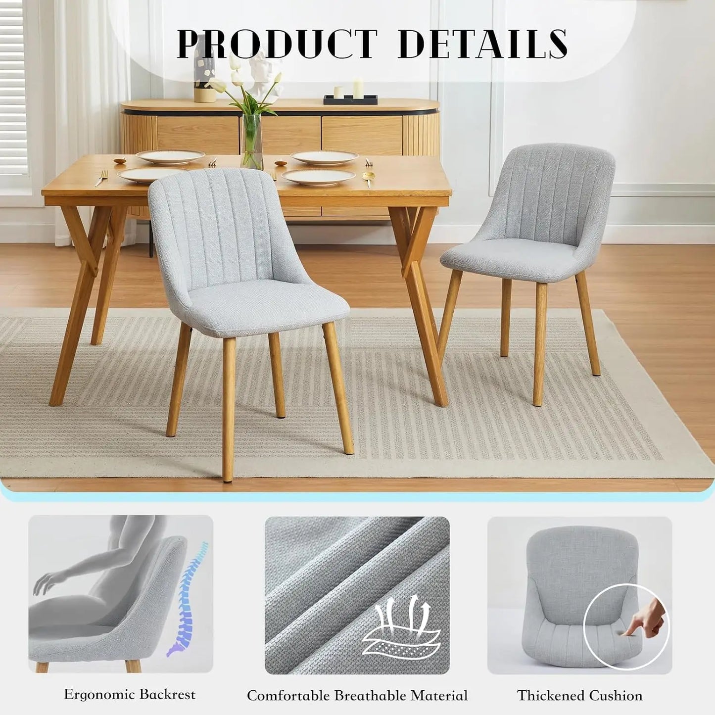 Polsterstühle 4er Set Beige Leinen-Optik – Moderne Esszimmerstühle mit Massivholzbeinen