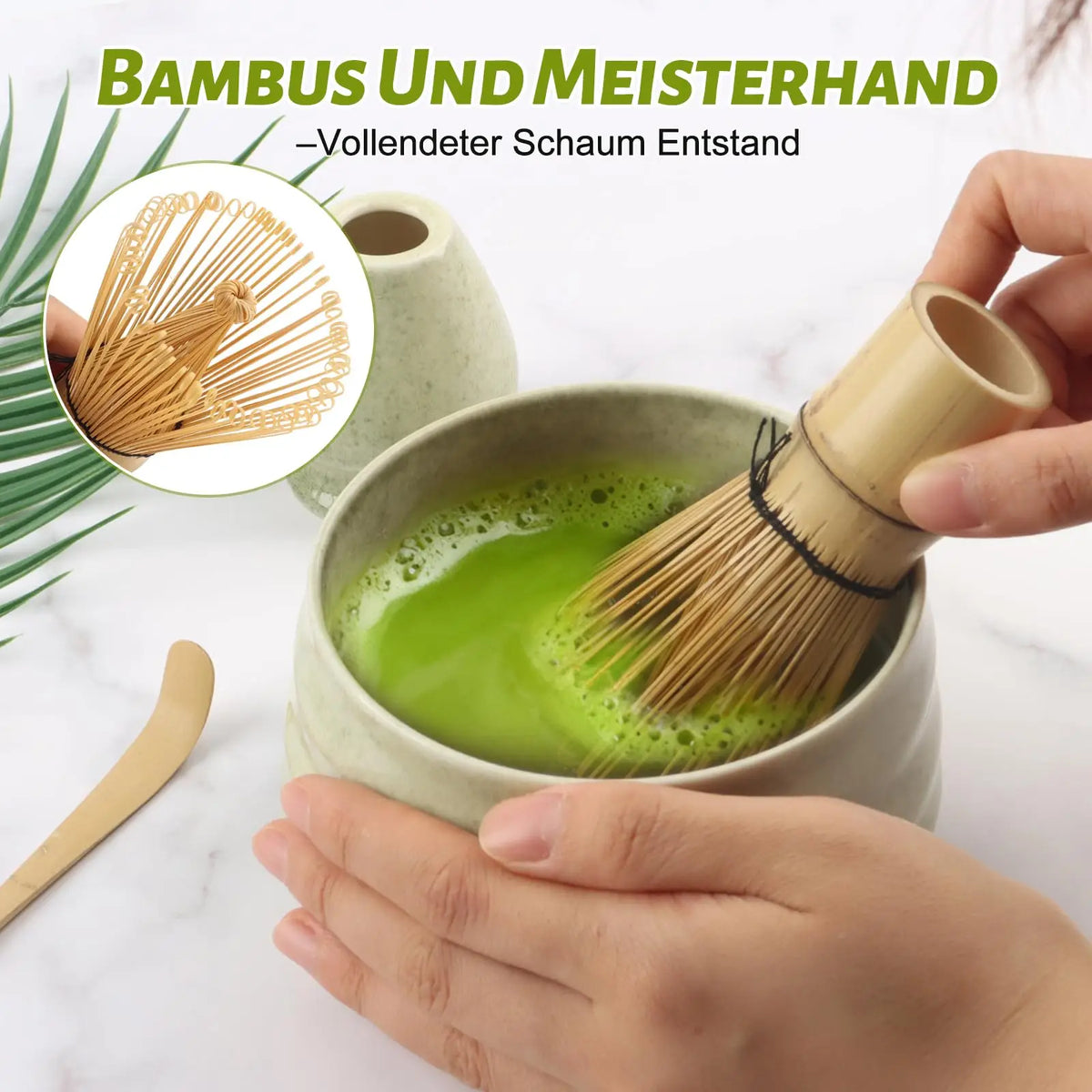 Matcha Set 4-teilig Grün – Traditionelle Matcha Schale mit Bambusbesen & Besenhalter