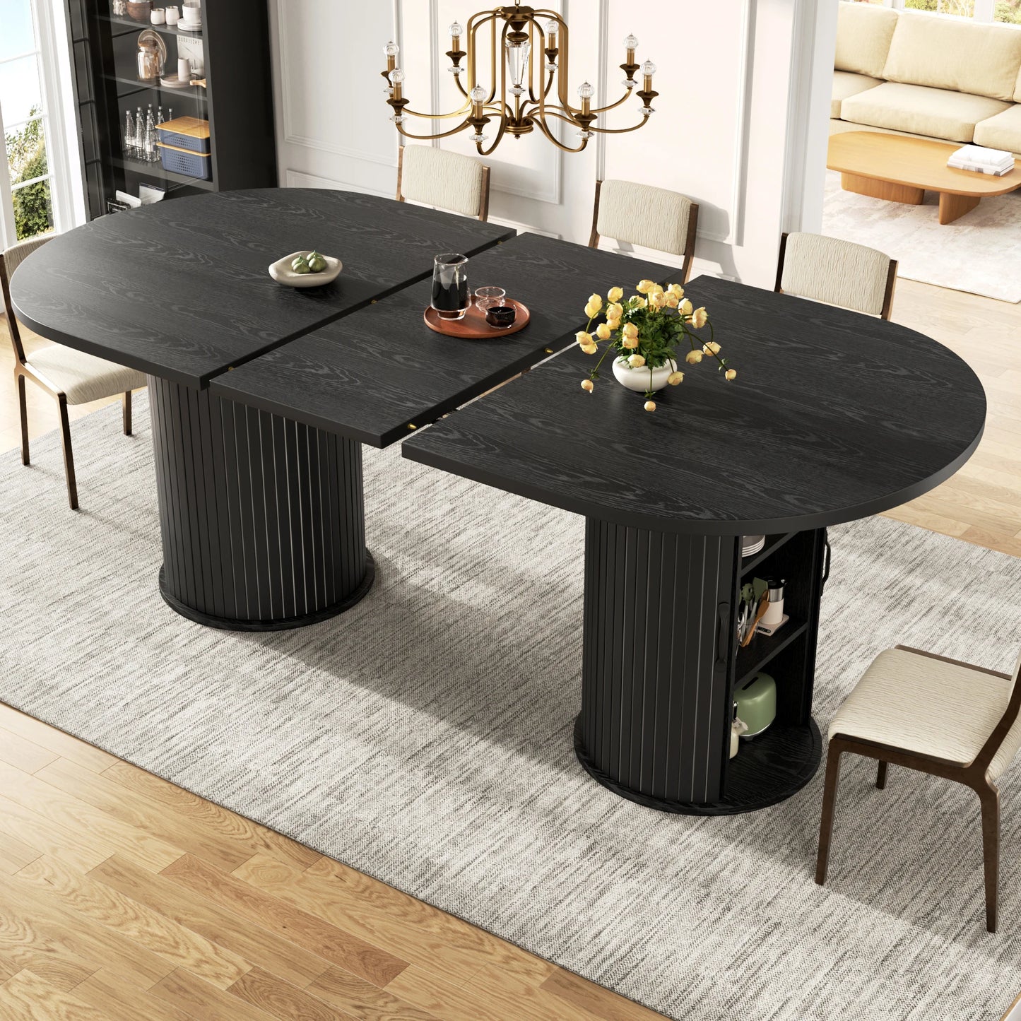 Ausziehbarer Esstisch Metallgestell Schwarz – Moderner Multifunktionstisch mit Staufach