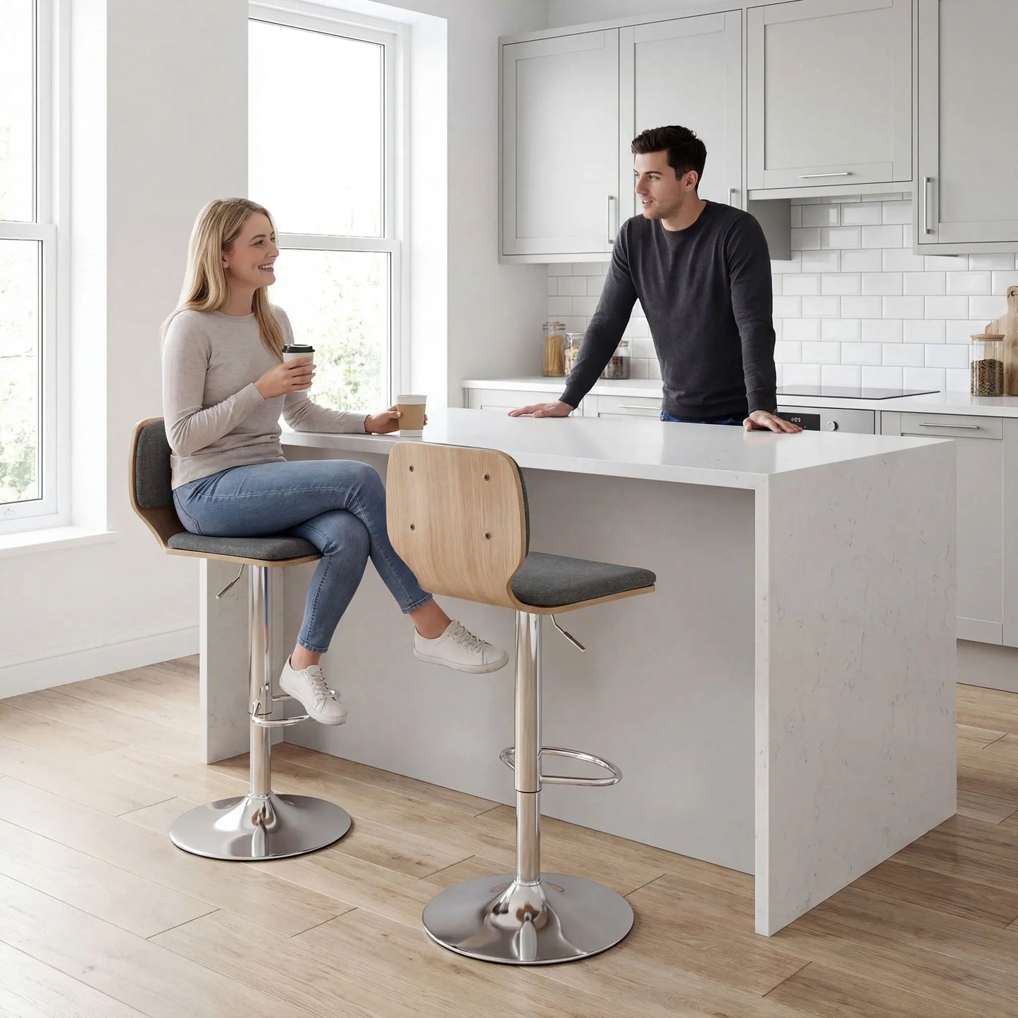 Barhocker 2er Set Grau – Moderne Tresenstuehle Höhenverstellbar mit Stoffbezug & Drehung fuer Kueche & Bar