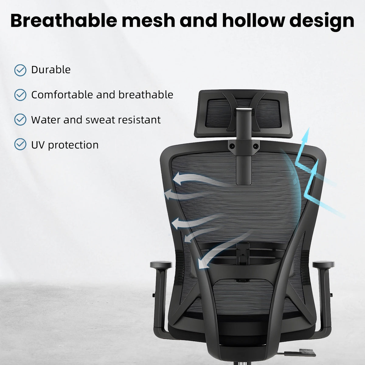 Buerostuhl Ergonomisch Schwarz – Verstellbarer Netz Drehstuhl mit Armlehnen, Kopfstuetze & Rollen bis 150kg
