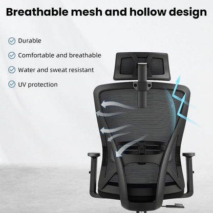 Buerostuhl Ergonomisch Schwarz – Verstellbarer Netz Drehstuhl mit Armlehnen, Kopfstuetze & Rollen bis 150kg