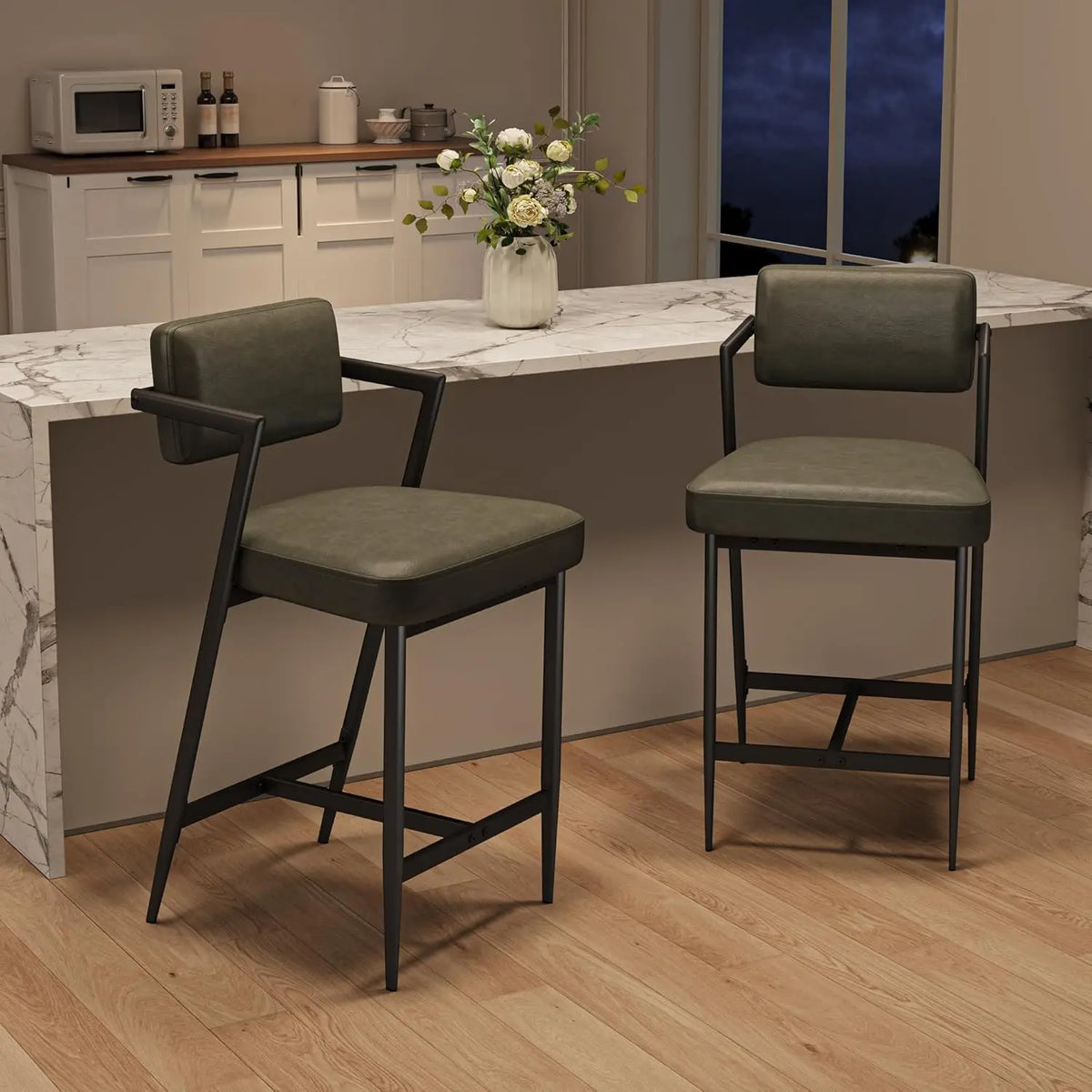 Barhocker 2er Set Salbeigrün mit Armlehne & Rückenlehne – Moderne Kunstleder Tresenstühle 68cm