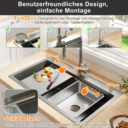 Edelstahl Spülbecken 75x45cm Wasserfall mit Schneidebrett – PVD Einbauspüle Einzelbecken