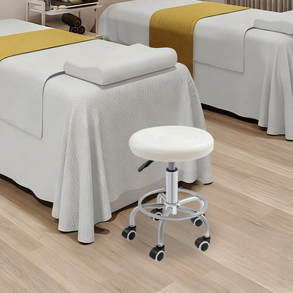 Arbeitshocker mit Rollen Weiss – Höhenverstellbarer Drehhocker aus Kunstleder fuer Kosmetikstudio, Salon & Praxis