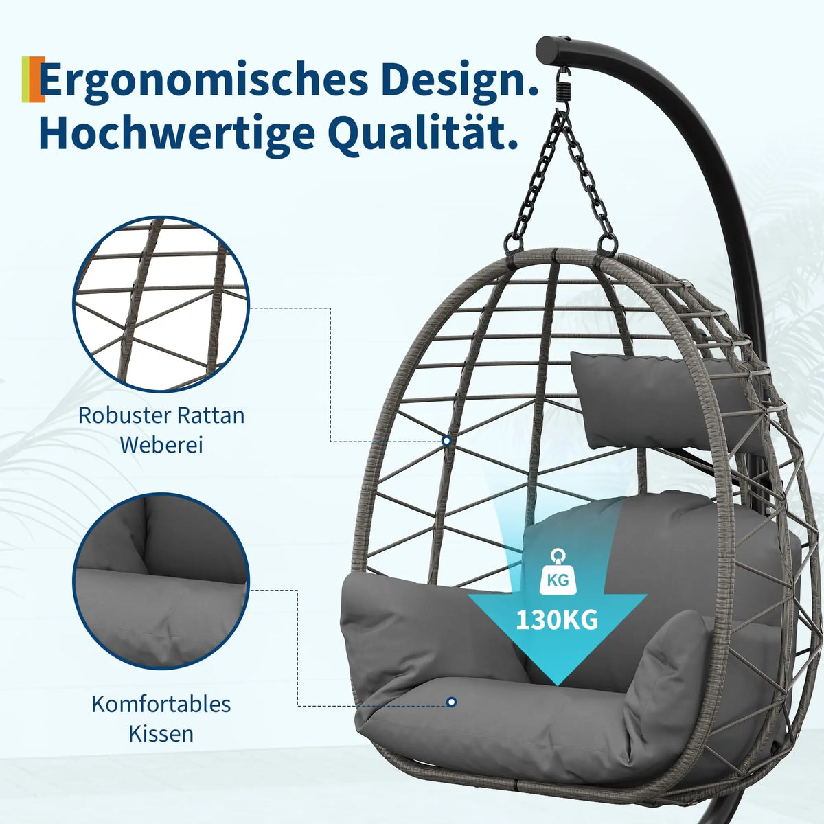 Haengesessel Outdoor Schwarz – Moderner Haengestuhl Ei-Form mit Gestell, Kissen & Schutzhuelle bis 130kg
