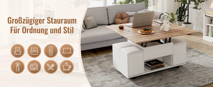 Couchtisch Höhenverstellbar & Ausziehbar – Multifunktionaler Esstisch mit 4 Hockern & Stauraum