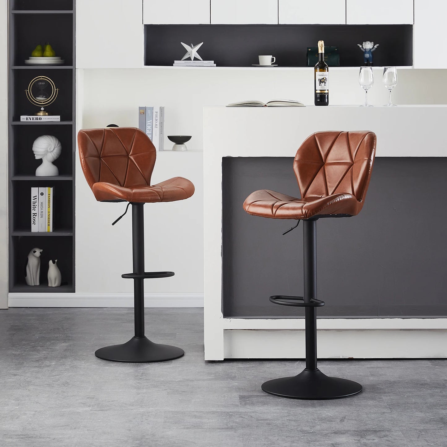 Höhenverstellbarer Barhocker 2er Set Kunstleder Retro – Drehbarer Tresenstuhl mit Rückenlehne