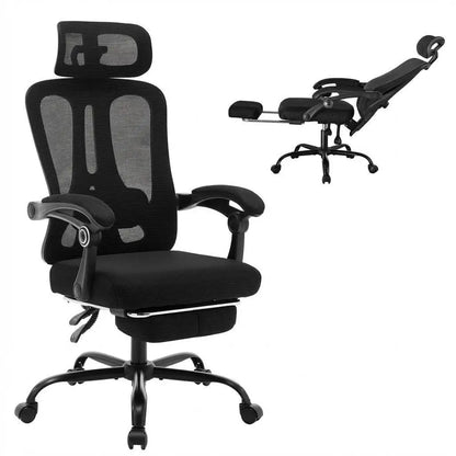Buerostuhl Ergonomisch Schwarz – Netz Drehstuhl mit Fussstütze, 3D Kopfstütze & Klappbaren Armlehnen bis 150kg
