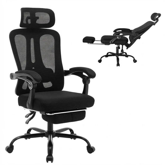 Buerostuhl Ergonomisch Schwarz – Netz Drehstuhl mit Fussstütze, 3D Kopfstütze & Klappbaren Armlehnen bis 150kg