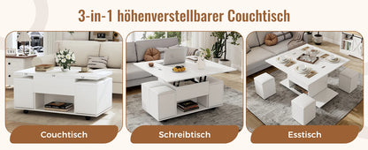 Couchtisch Höhenverstellbar & Ausziehbar – Multifunktionaler Esstisch mit 4 Hockern & Stauraum