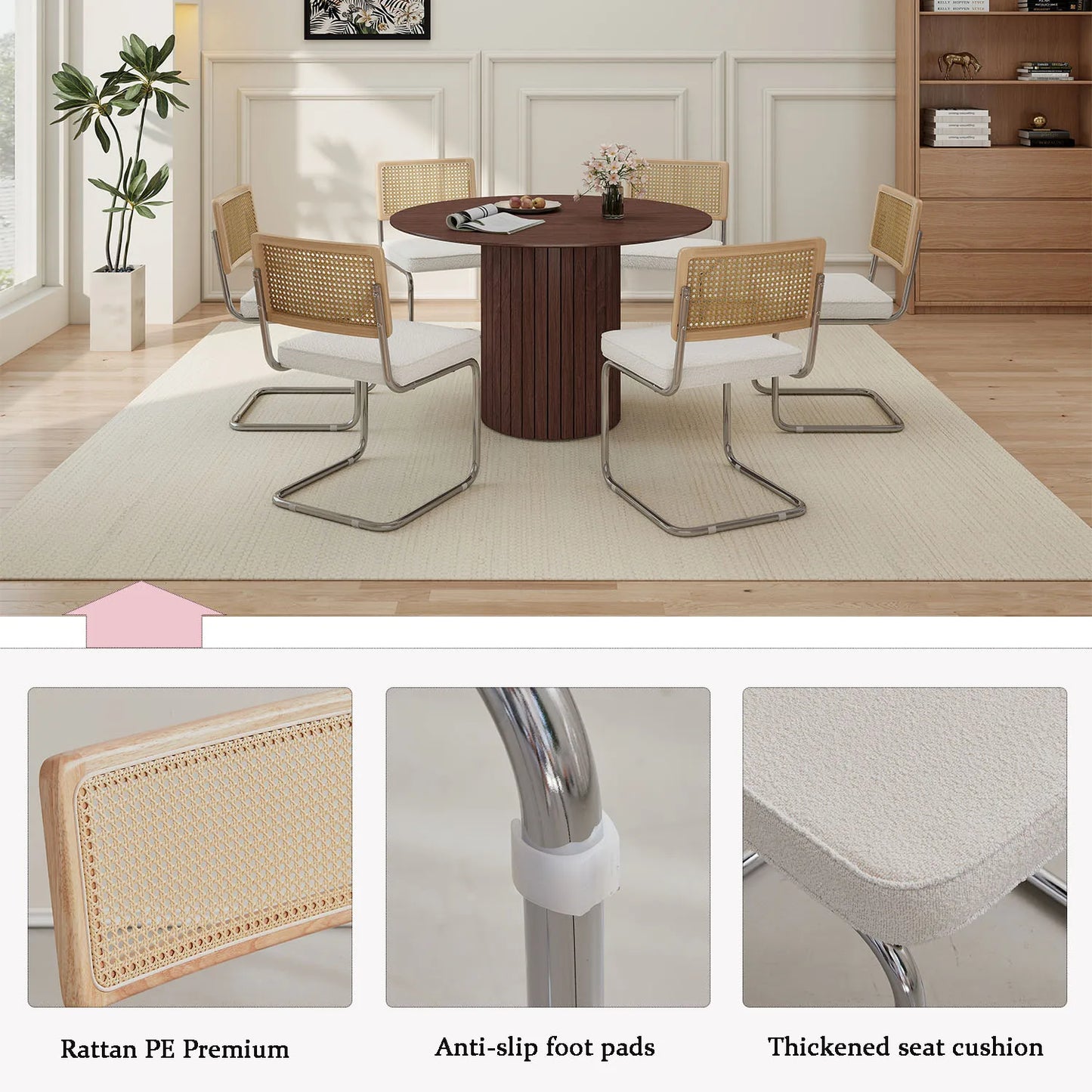 Freischwinger 2er Set Modern – Polsterstuhl Set aus Teddy-Samt & Rattan-Rueckenlehne mit Metallgestell