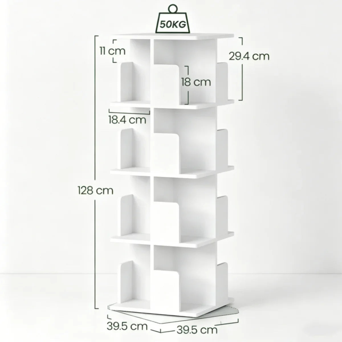 Drehbares Bücherregal Weiß 4 Etagen 128 cm – Standregal 360 Grad Drehbar Raumteiler