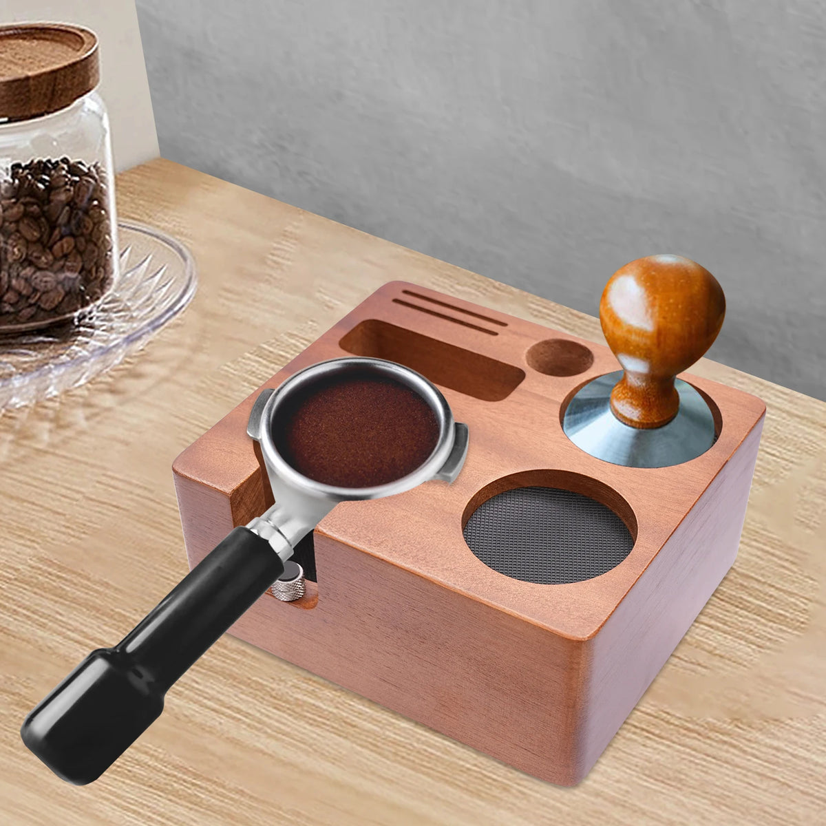 Kaffee Tamping Station Schwarz 51-58mm – Multifunktionaler Tamper Halter mit Abschlagbehälter