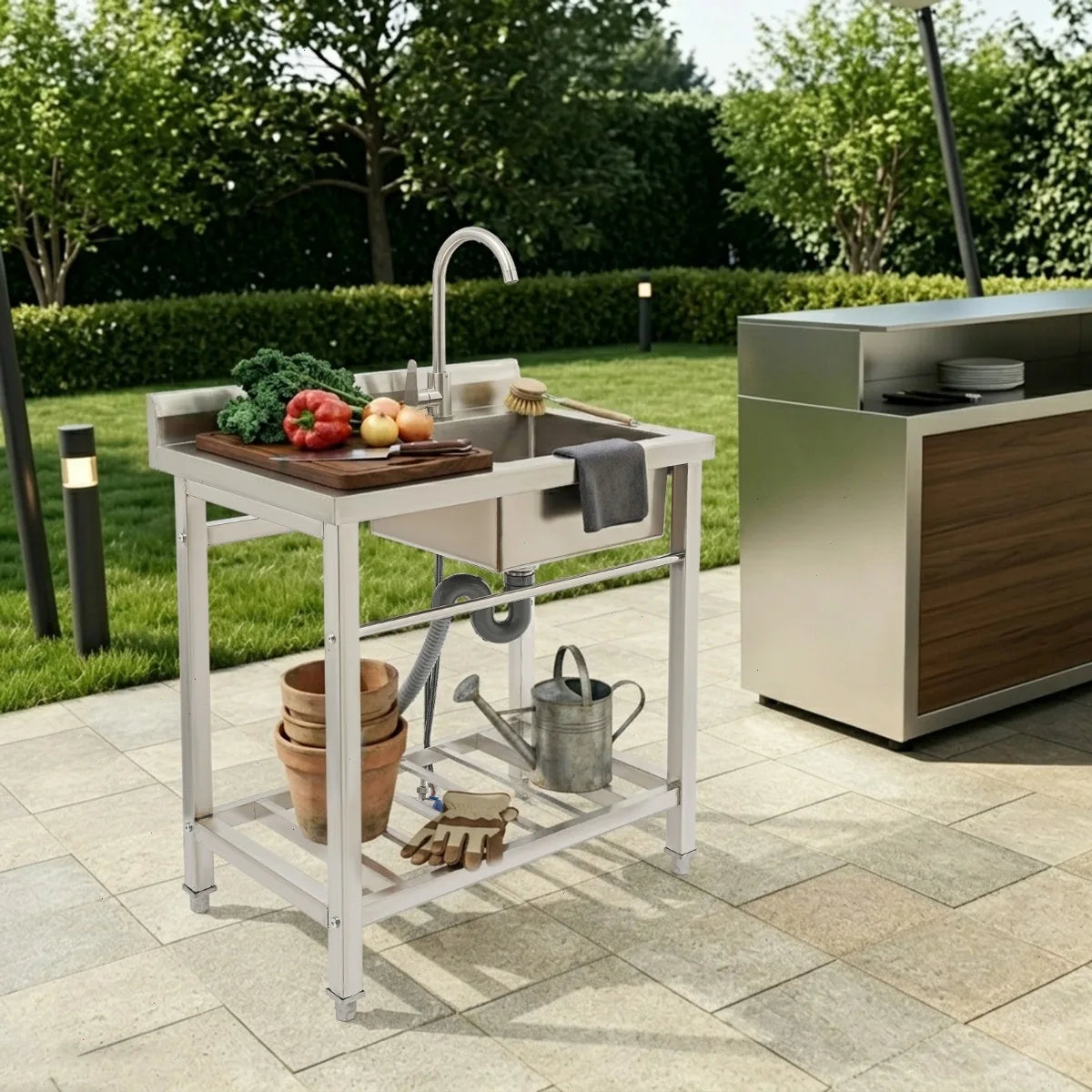 Edelstahl Spültisch 80x55cm mit Armatur – Freistehende Gastro Spüle mit Arbeitsfläche