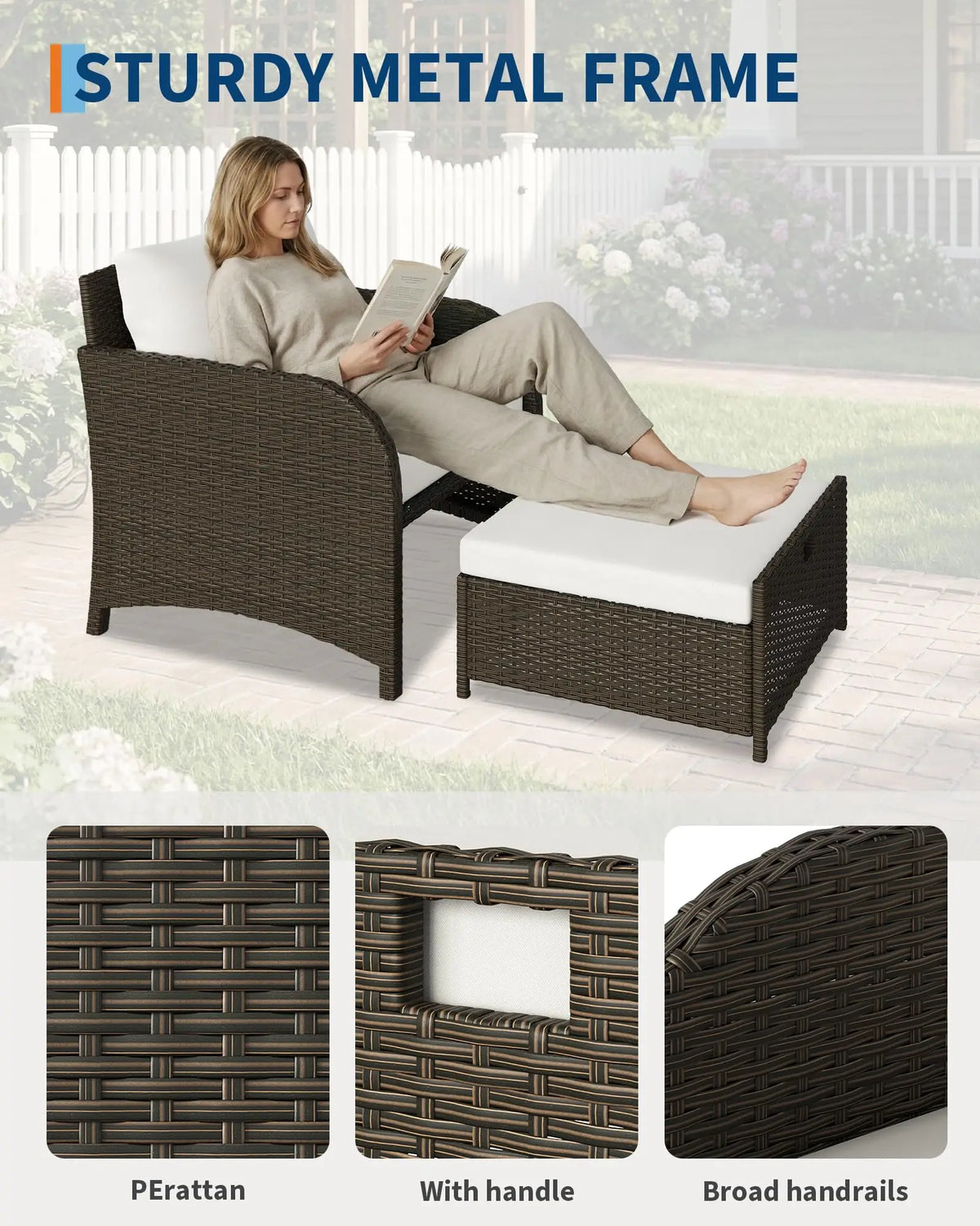 Gartenmoebel Set 5-Teilig Natur – Polyrattan Sitzgruppe mit Hocker, Kissen & Glastisch fuer Balkon, Terrasse & Garten