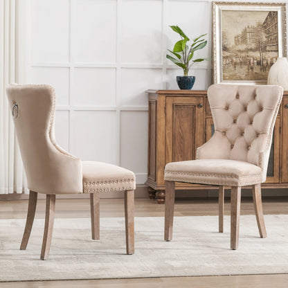 Esszimmerstuhl 2er Set Beige Samt – Elegantes Polsterstuhl Set mit Zugring & Silberknöpfen bis 150kg