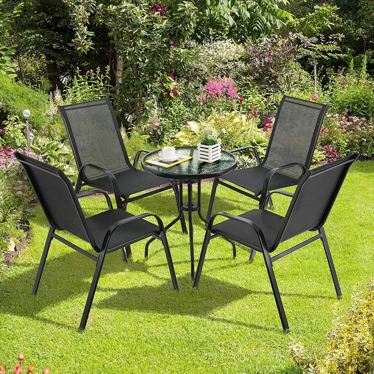 Gartenstuehle 4er Set Schwarz – Moderne Stapelstuehle aus Metall & Teslin fuer Balkon, Terrasse & Garten bis 150kg