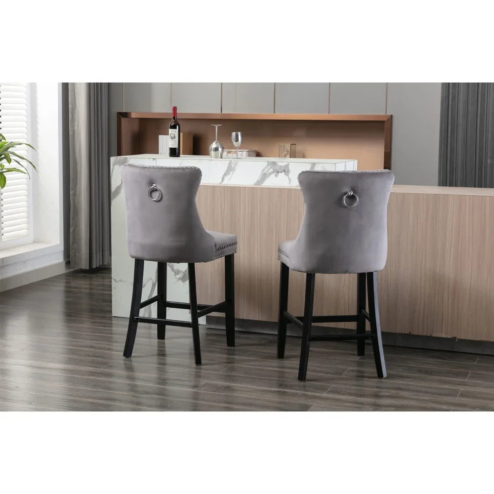 Moderne Samt Barhocker 2er Set mit Nietendekor – Elegante Tresenstühle aus Massivholz