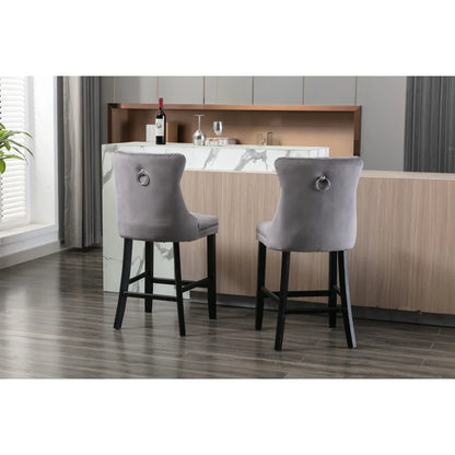 Moderne Samt Barhocker 2er Set mit Nietendekor – Elegante Tresenstühle aus Massivholz