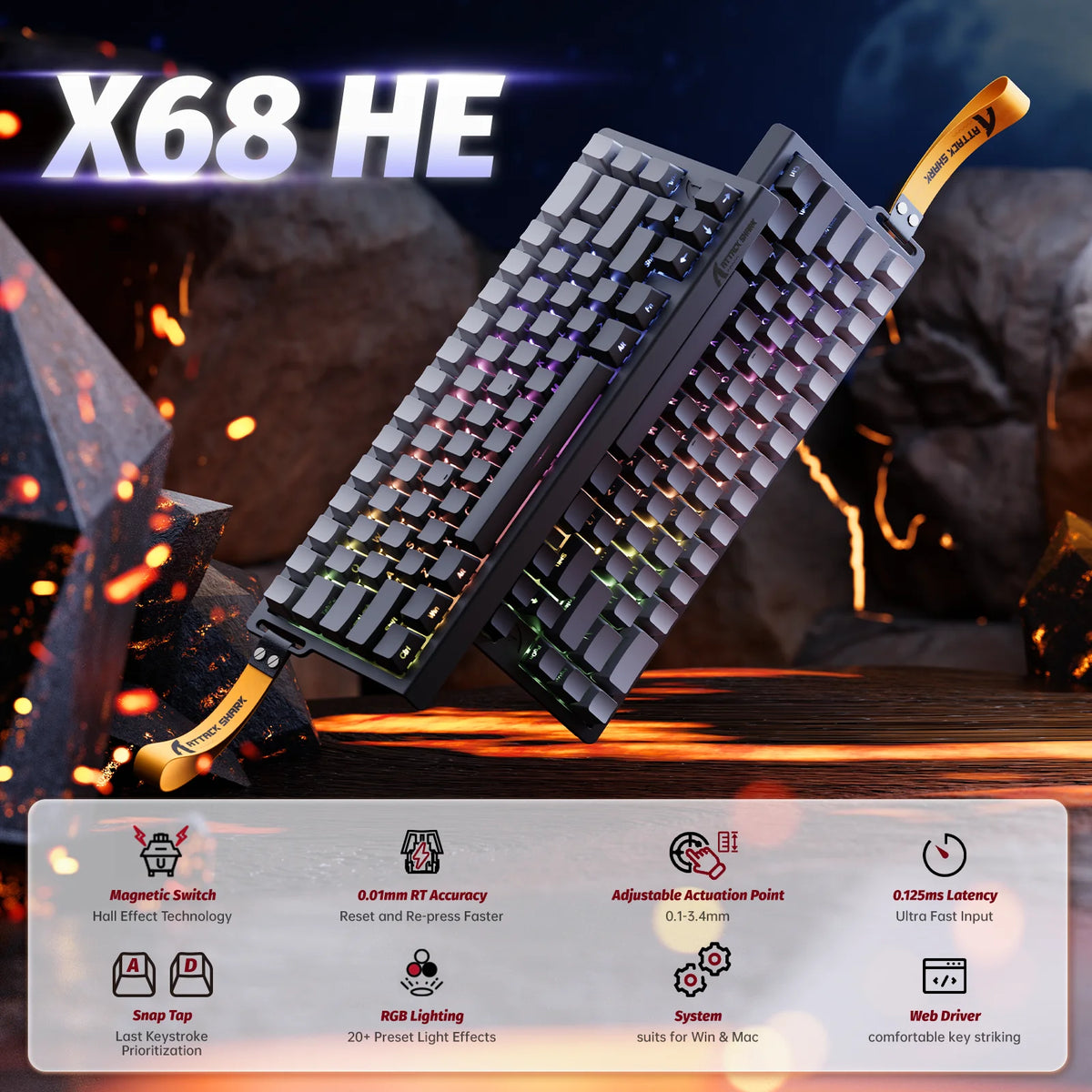 Gaming Tastatur Magnetisch 60% – Attack Shark X68 HE Rapid Trigger RGB Gaming Keyboard mit 8000Hz