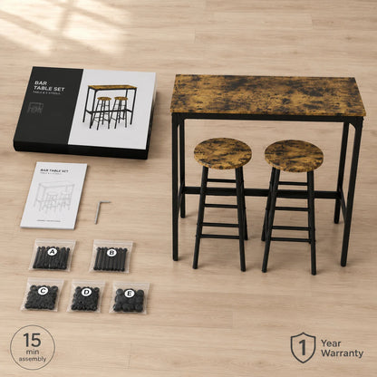 Bartisch Set 3-teilig mit 2 Barhockern Schwarz – Kompakte Essgruppe im Holzlook 80x60cm