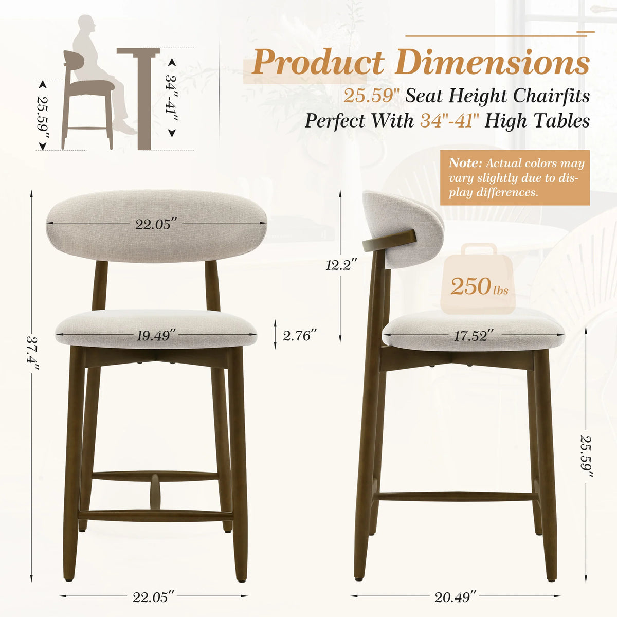 Barhocker 2er Set Metall Holzoptik Braun – Ergonomische Tresenstühle mit Stoffbezug & Rückenlehne