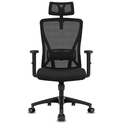 Buerostuhl Ergonomisch Schwarz – Verstellbarer Netz Drehstuhl mit Armlehnen, Kopfstuetze & Rollen bis 150kg