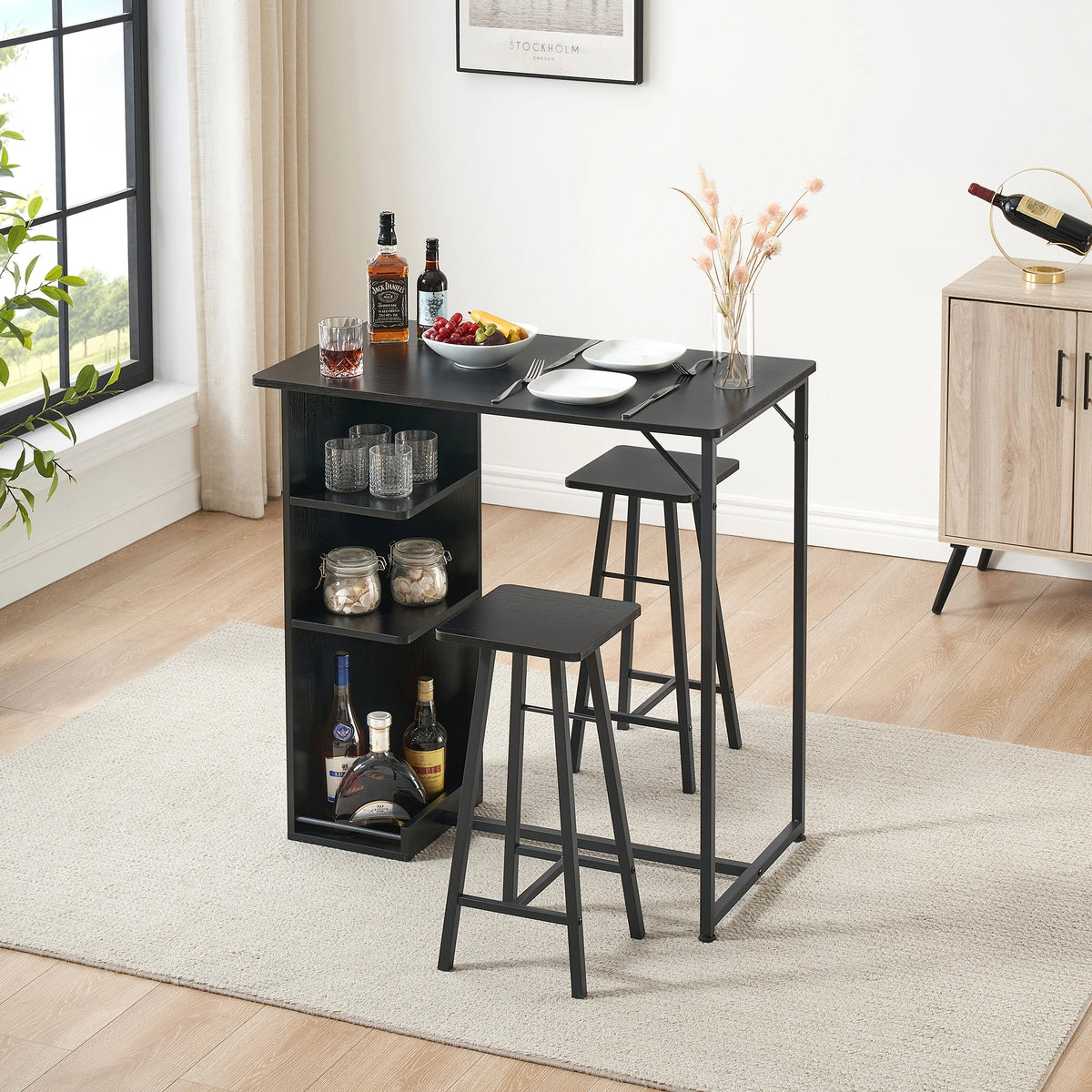 Bartisch Set 3-teilig mit Regal Schwarz – Kompakter Stehtisch mit 2 Barhockern für kleine Küche