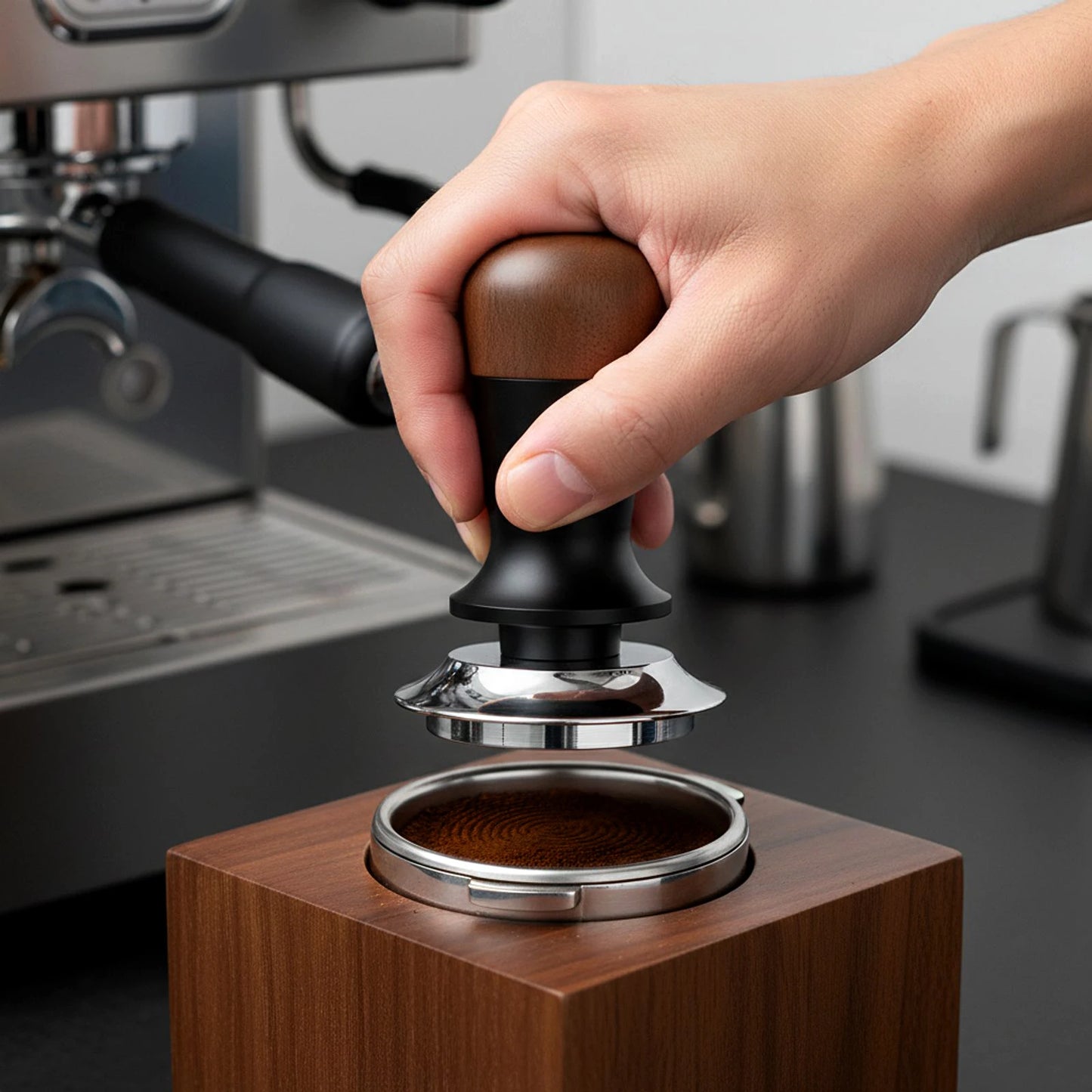 Walnuss Holz Tamper 51mm – Kalibrierter Espresso Kaffeestampfer aus Edelstahl mit Wellenprofil
