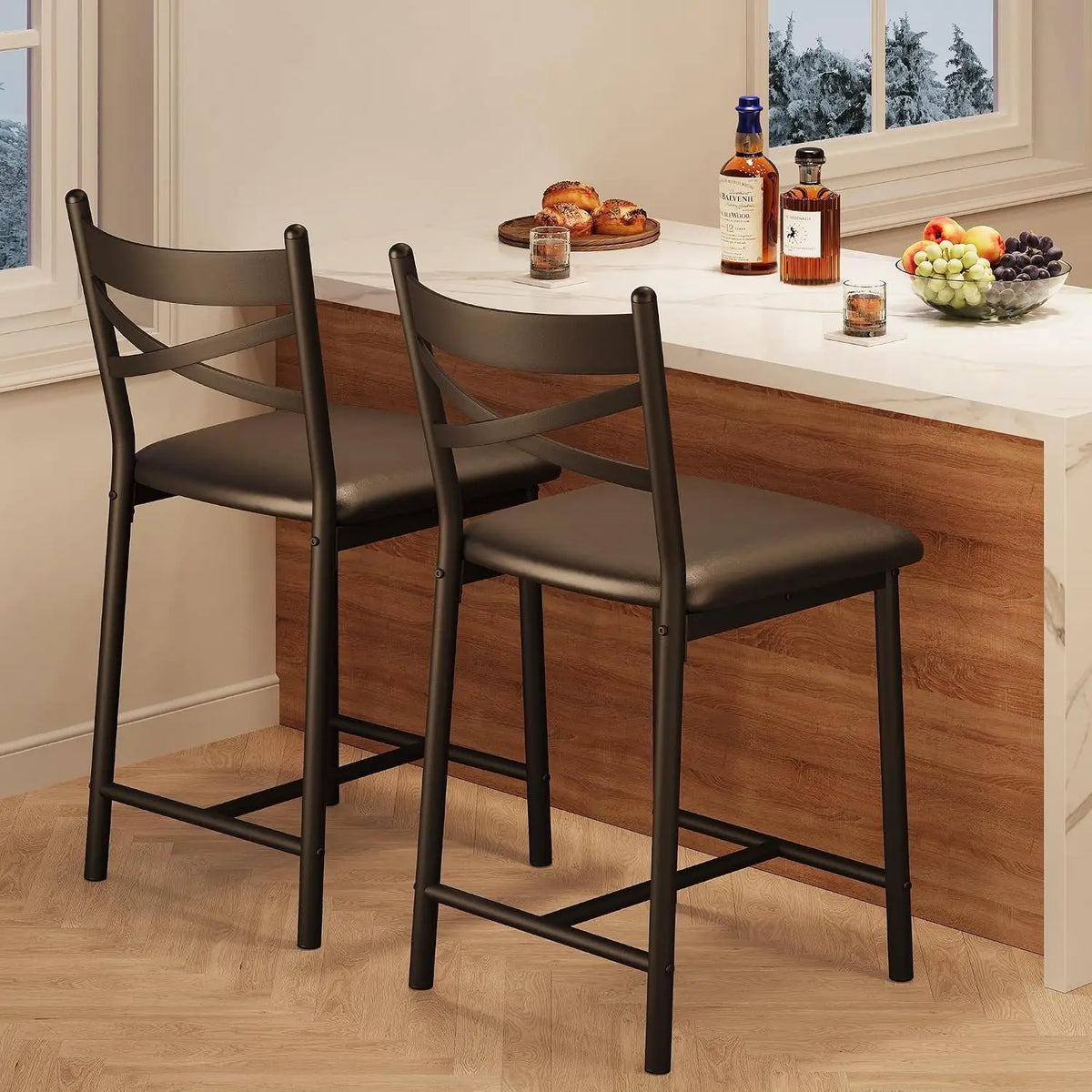 Kunstleder Barhocker 2er Set Schwarz – Moderne Tresenstühle 56cm mit Metallgestell