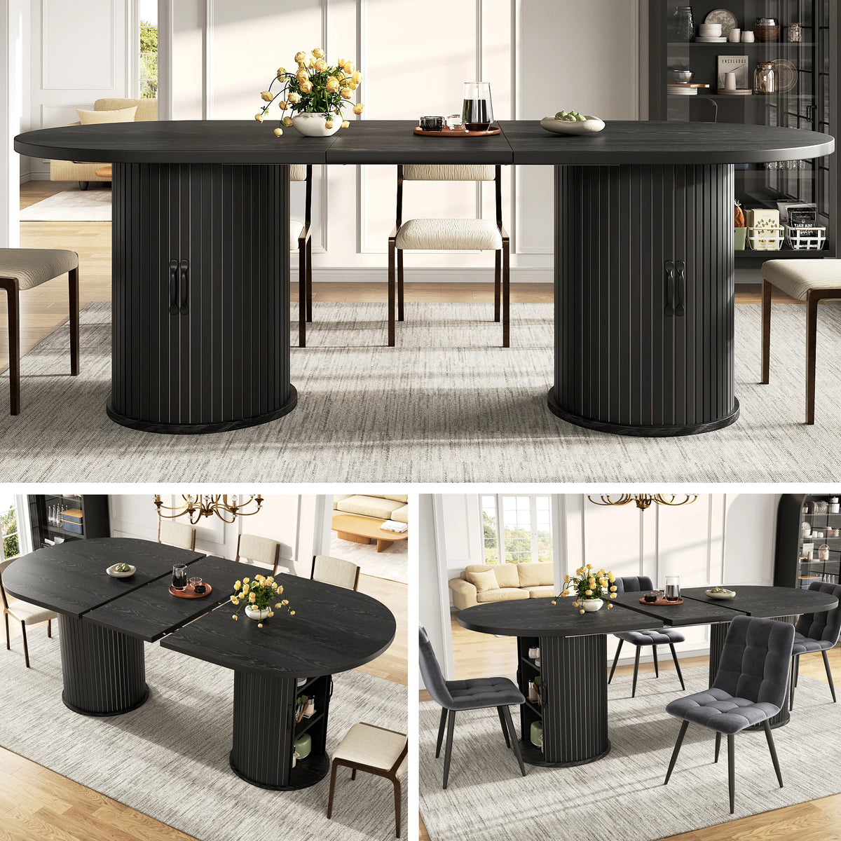 Ausziehbarer Esstisch Metallgestell Schwarz – Moderner Multifunktionstisch mit Staufach