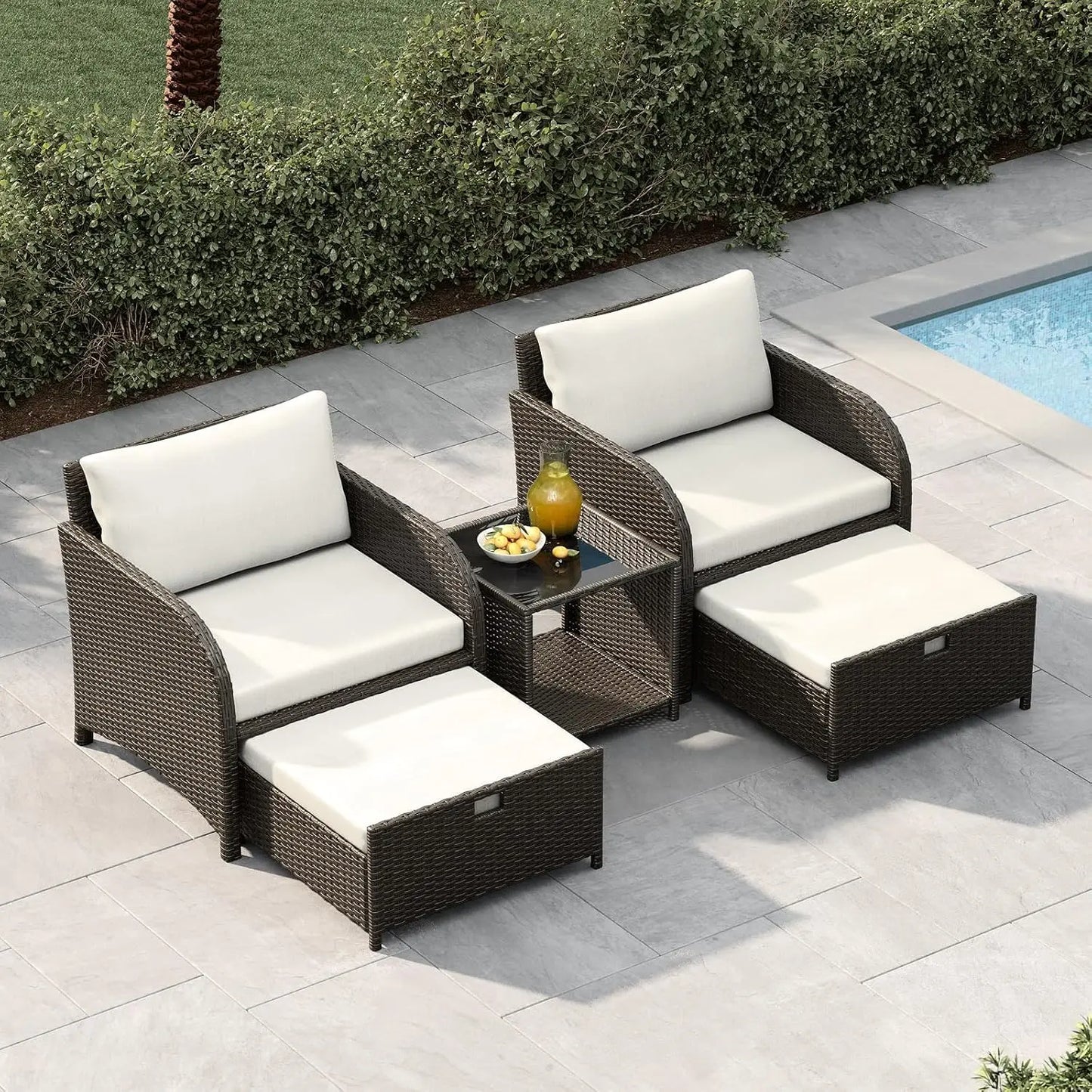 Rattan Gartenmöbel Set 5-teilig mit Glas-Tisch – Wetterfestes Balkonmöbel Lounge Set
