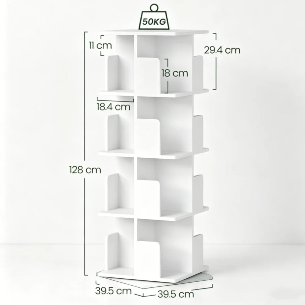 Drehbares Bücherregal Weiß 4 Etagen 128 cm – Standregal 360 Grad Drehbar Raumteiler