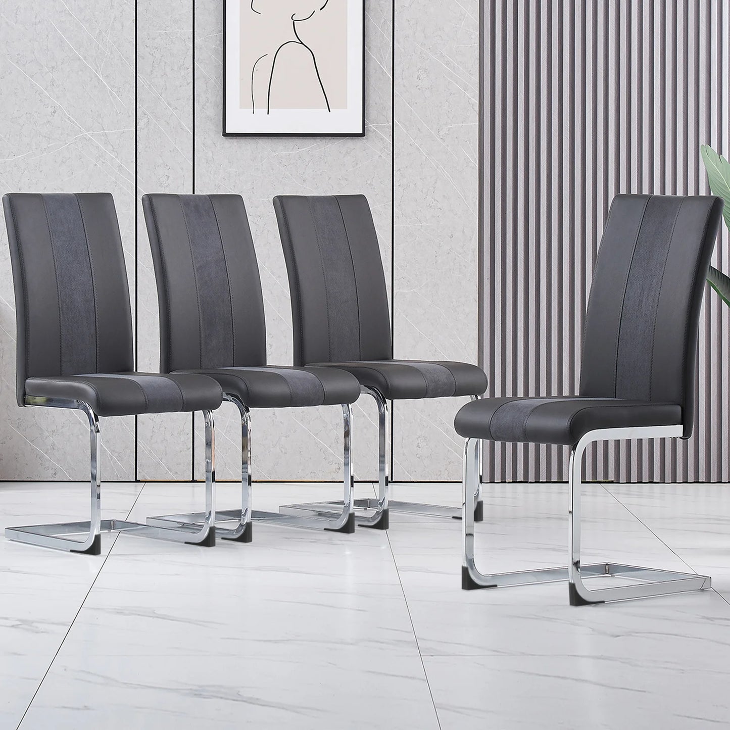 Esszimmerstuhl 4er Set Schwarz – Modernes Freischwinger Set aus PU Kunstleder mit Z-Form Metallgestell bis 120kg