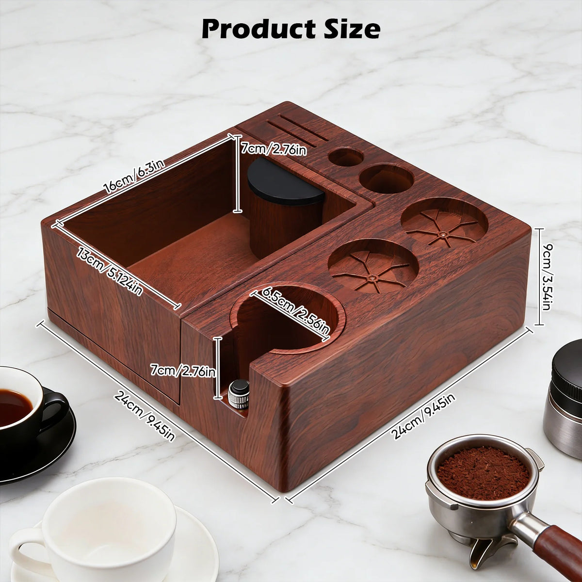 Kaffee Tamping Station Schwarz 51-58mm – Multifunktionaler Tamper Halter mit Abschlagbehälter