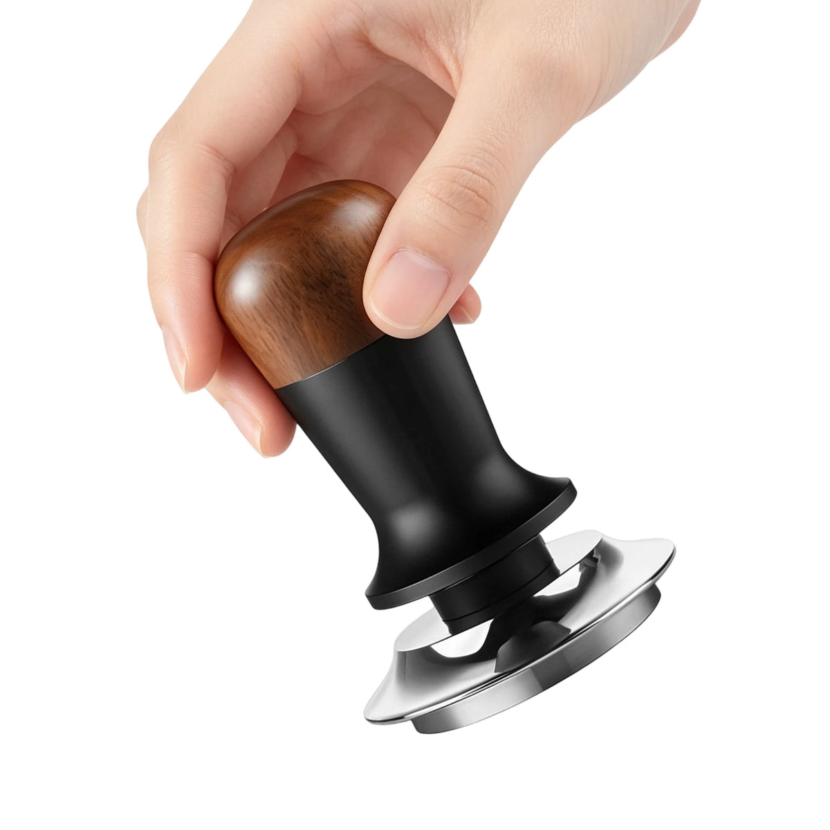 Walnuss Holz Tamper 51mm – Kalibrierter Espresso Kaffeestampfer aus Edelstahl mit Wellenprofil
