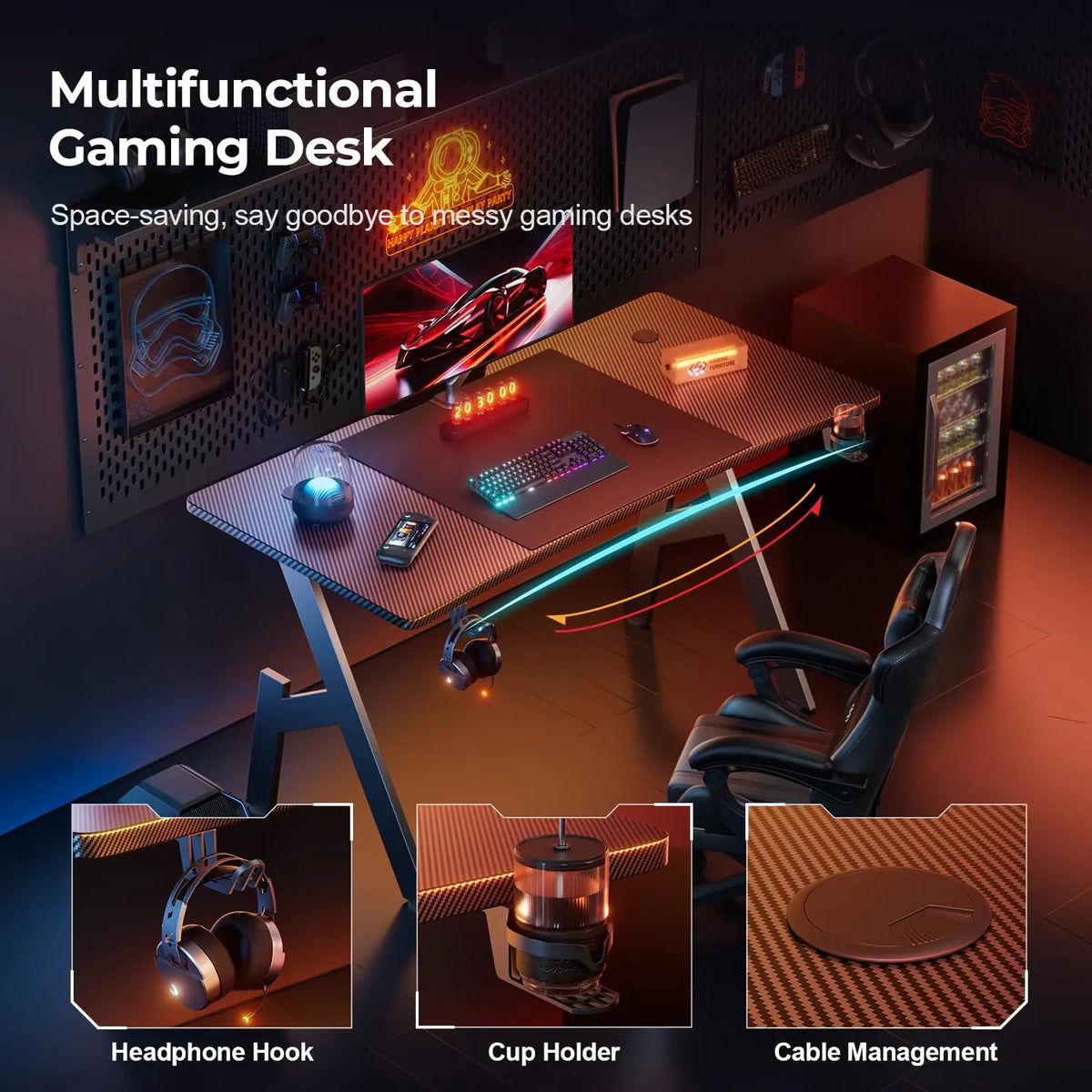 Gaming Schreibtisch Schwarz 120 cm – Ergonomischer PC Tisch mit Carbon-Optik & Haken