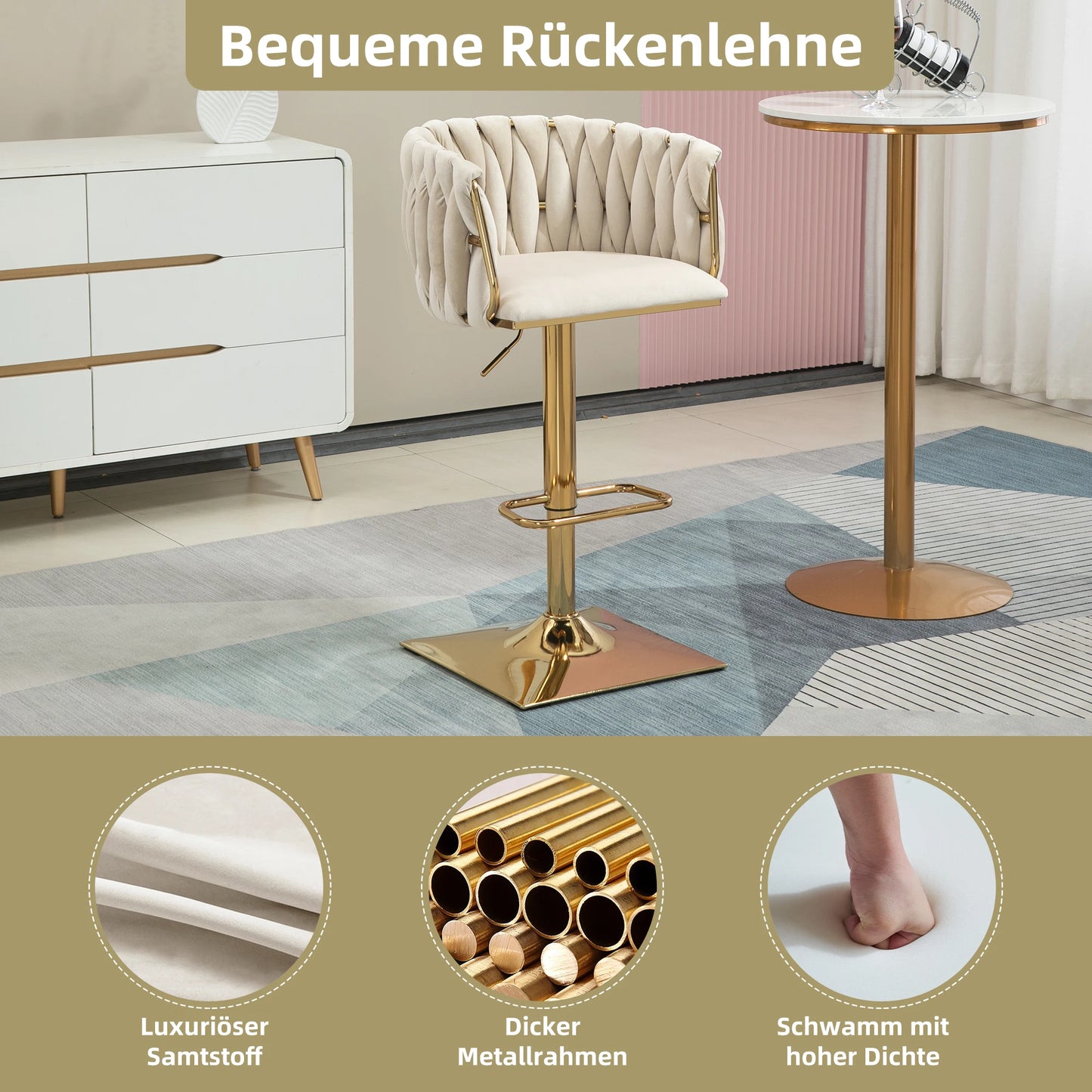 Moderne Barhocker 2er Set mit Armlehnen Höhenverstellbar – Drehbarer Polsterstuhl mit Gold-Beinen