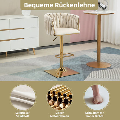 Moderne Barhocker 2er Set mit Armlehnen Höhenverstellbar – Drehbarer Polsterstuhl mit Gold-Beinen