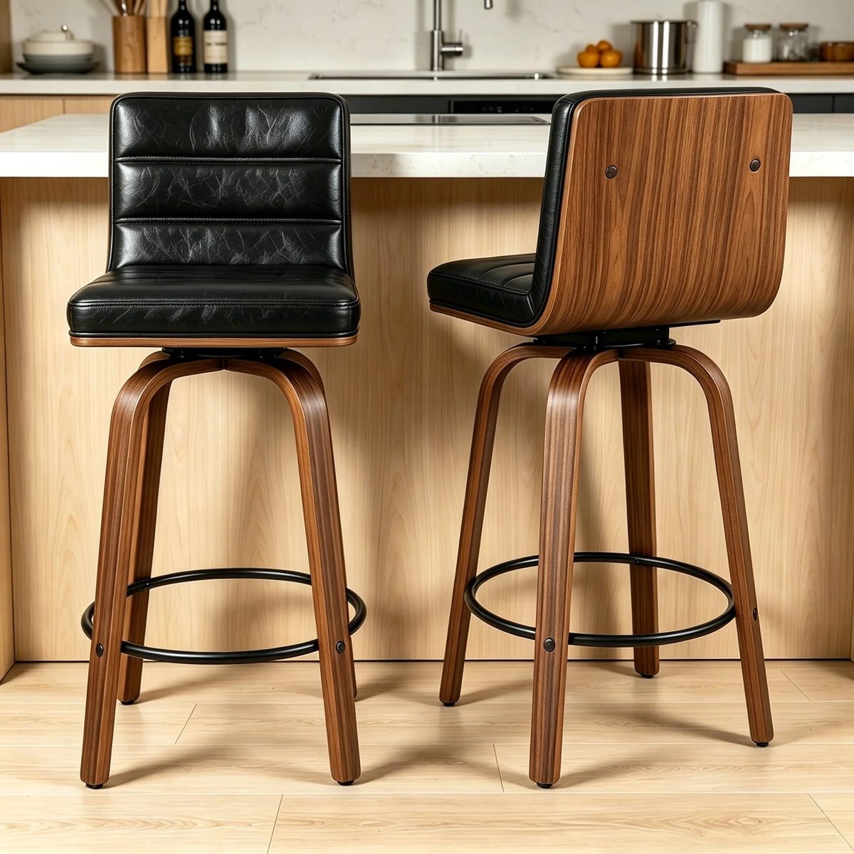 Barhocker 2er Set Holz – Retro Tresenstuehle aus Buchenholz & Kunstleder mit Fussring fuer Kueche & Bar