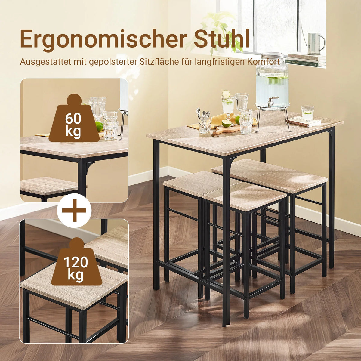 Moderne Esstisch Garnitur mit 4 Stühlen – Kompaktes Stehtisch Set für Küche & Esszimmer