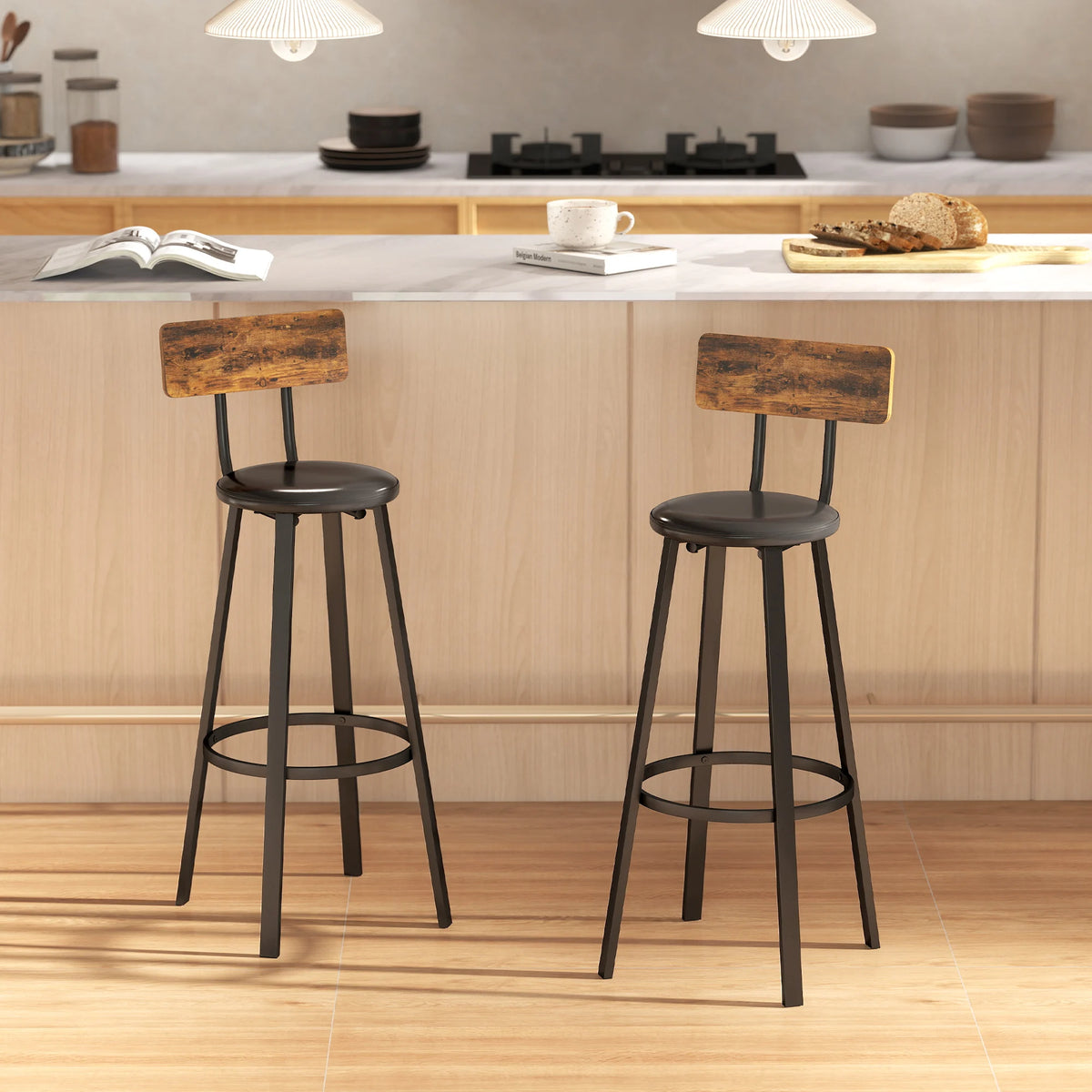 Barhocker 2er Set Industrial Braun & Schwarz – Rustikale Tresenstühle mit Rückenlehne & Polster