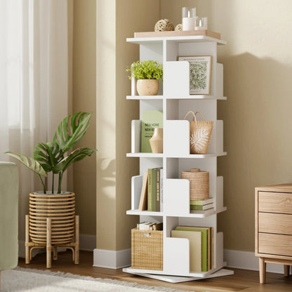 Drehbares Bücherregal Weiß 4 Etagen 128 cm – Standregal 360 Grad Drehbar Raumteiler