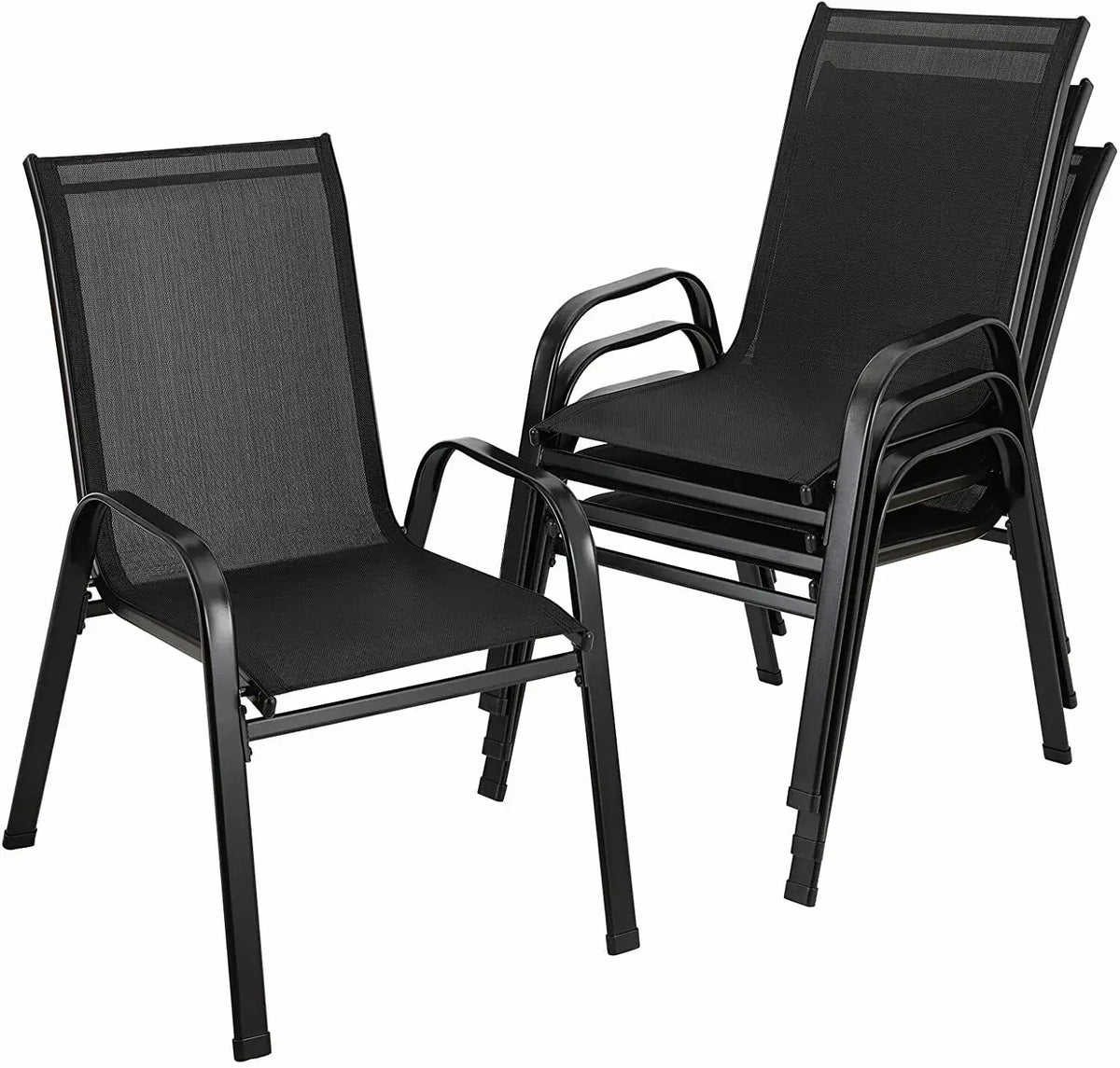 Gartenstuehle 4er Set Schwarz – Moderne Stapelstuehle aus Metall & Teslin fuer Balkon, Terrasse & Garten bis 150kg