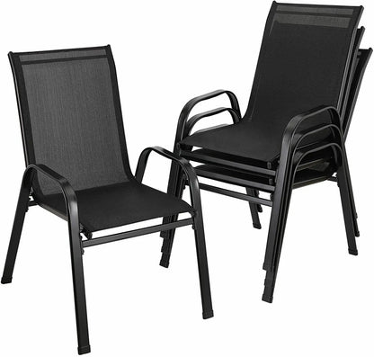 Gartenstuehle 4er Set Schwarz – Moderne Stapelstuehle aus Metall & Teslin fuer Balkon, Terrasse & Garten bis 150kg