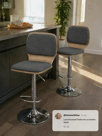 Barhocker 2er Set Grau – Moderne Tresenstuehle Höhenverstellbar mit Stoffbezug & Drehung fuer Kueche & Bar