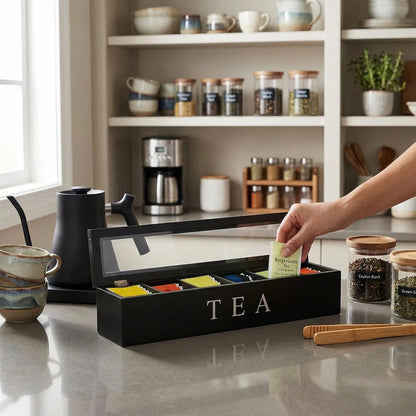 Tee-Organizer aus Holz mit Glasdeckel – Elegante Tee-Aufbewahrungsbox mit 6 Fächern
