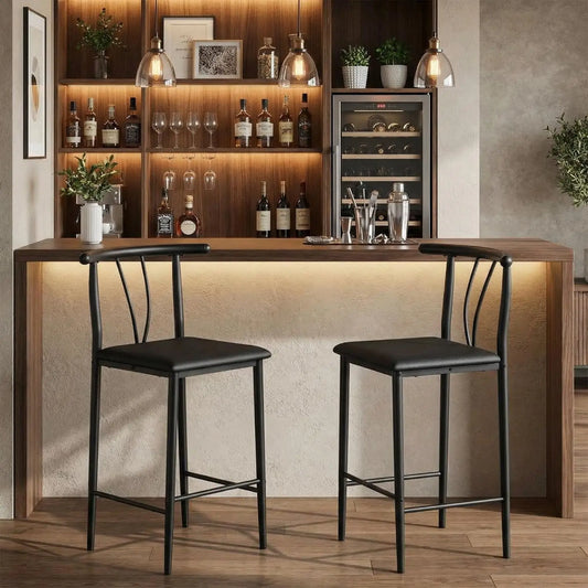 Barhocker 2er Set Schwarz – Moderne Tresenstuehle aus Kunstleder mit Metallgestell & Fussstütze fuer Kueche & Bar